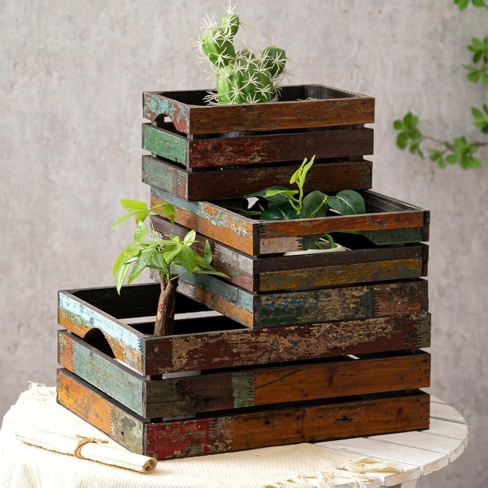 Set of 3 Rustic Distressed Wood Nesting Crates, Farmhouse Decorative Wooden Stor